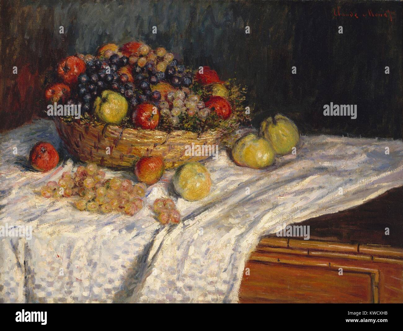 Äpfel und Trauben, von Claude Monet, 1879-80, französischer impressionistischer Malerei, Öl auf Leinwand. In der Malerei dieser Korb mit Äpfeln, Monet Salden der aktiven Fläche erstellt von seinem kleinen Strichen mit der Illusion von Volumen und Raum sein Motiv (BSLOC 2017 3 28) Stockfoto