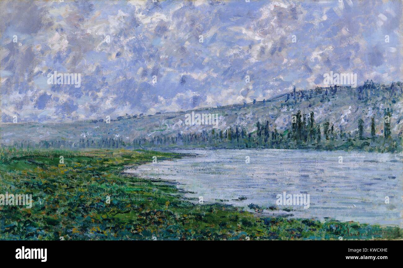 Die Seine bei Vetheuil, von Claude Monet, 1880, französischer impressionistischer Malerei, Öl auf Leinwand. Monet malte diese Arbeit mit einer Reihe von Pinselstrichen, mit grösseren Schritten für die Cloud, und der Horizontale für das Wasser (BSLOC 2017 3 29) Stockfoto