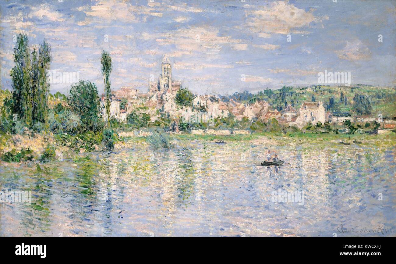 Vetheuil im Sommer, von Claude Monet, 1880, französischer impressionistischer Malerei, Öl auf Leinwand. Dieses Gemälde schafft die Illusion von Flimmern Reflexionen von Sonnenlicht auf dem Wasser (BSLOC 2017 3 30) Stockfoto