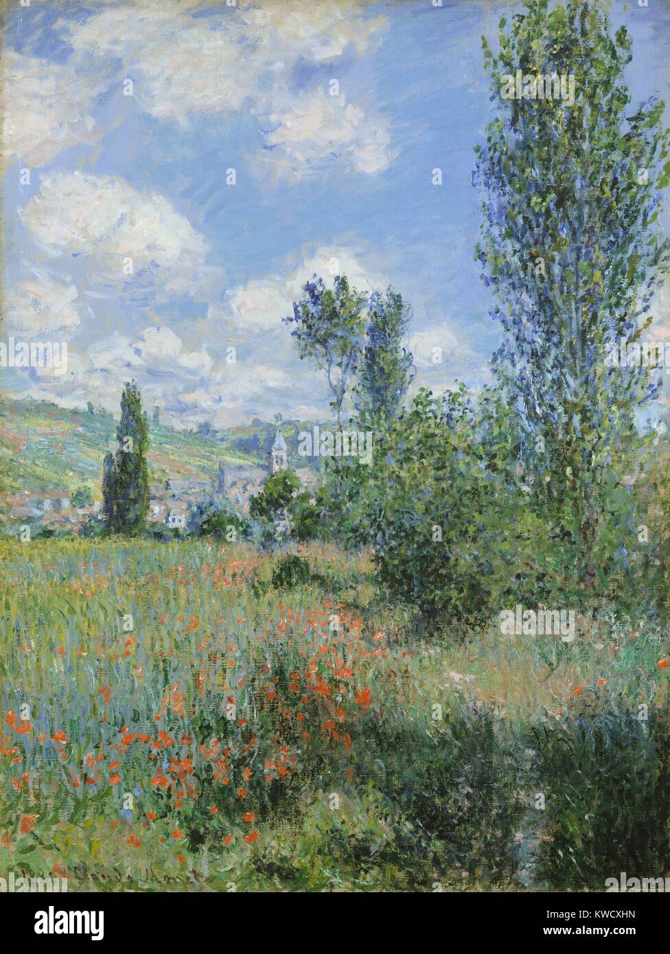 Blick auf Vetheuil, von Claude Monet, 1880, französischer impressionistischer Malerei, Öl auf Leinwand. Ein Wanderweg beginnt am unteren rechten und verschwindet im Mohnfeld. In der Ferne ist die Kirche Turm bei Vetheuil, einem Dorf nordwestlich von Paris (BSLOC 2017 3 32) Stockfoto