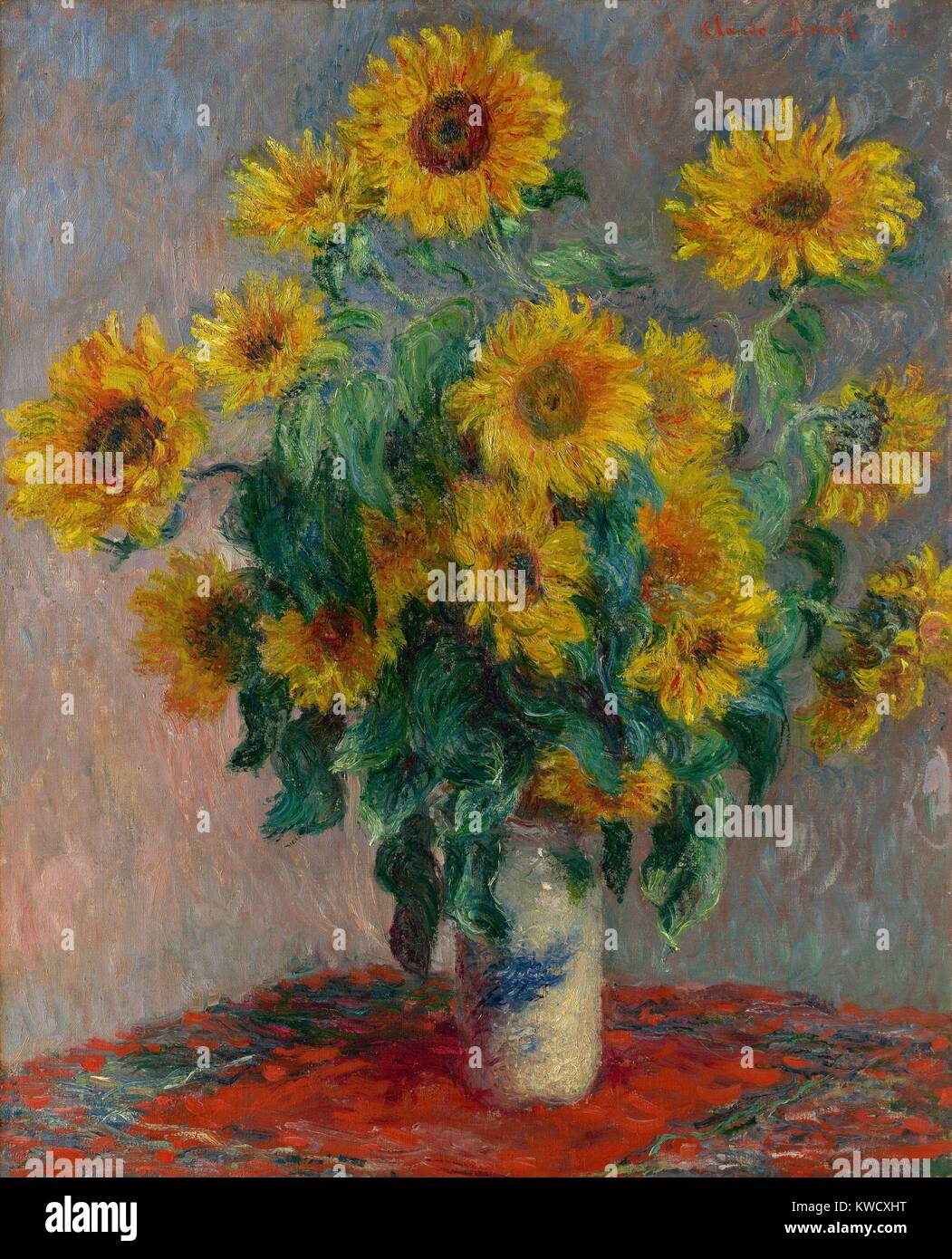 Blumenstrauß aus Sonnenblumen, von Claude Monet, 1881, französischer impressionistischer Malerei, Öl auf Leinwand. Sonnenblumen in eine Japanische Vase auf einer roten Tischdecke (BSLOC 2017 3 33) Stockfoto