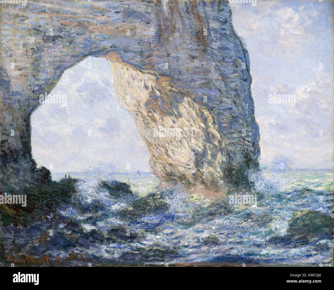Die manneporte (Le Havre), von Claude Monet, 1883, französischer impressionistischer Malerei, Öl auf Leinwand. Monet malte die Felsen, das Meer und den Himmel in Bezug auf Farbe und Leuchtkraft (BSLOC 2017 3 36) Stockfoto