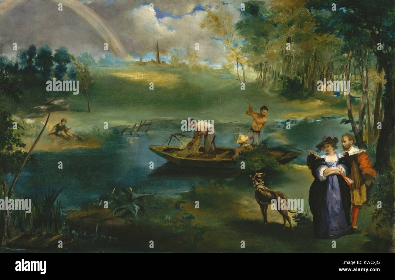 Angeln, von Edouard Manet, 1862-63, französischer impressionistischer Malerei, Öl auf Leinwand. Manet und seine zukünftige Frau, Suzanne Leenhoff, sind das Paar an der unteren rechten im siebzehnten Jahrhunderts Kostüm (BSLOC 2017 3 4) Stockfoto