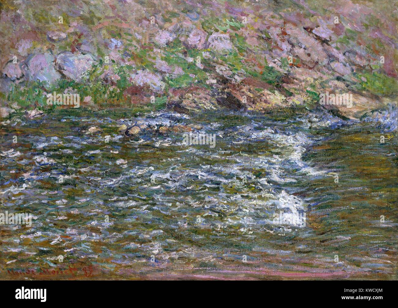 Rapids auf dem Petite Creuse Binz, von Claude Monet, 1889, französischer Impressionisten Öl Malerei. Monet malte die schäumenden Stromschnellen, weich fließendes Wasser und Felsen und Gras am Flussufer (BSLOC 2017 3 40) Stockfoto