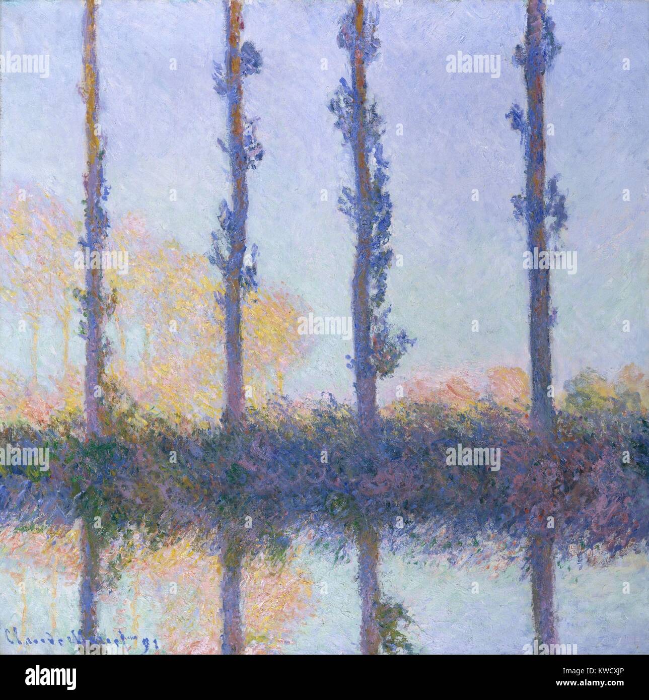 Die vier Bäume, von Claude Monet, 1891, französischer impressionistischer Malerei, Öl auf Leinwand. Monet diese gemalt von einem Boot in der Epte Fluss. Wie mit seinen Heuhaufen und Kathedrale von Rouen Serie schuf er mehrere Gemälde erfassen die spezifischen Farben erstellt von wechselnden Licht (BSLOC 2017 3 41) Stockfoto