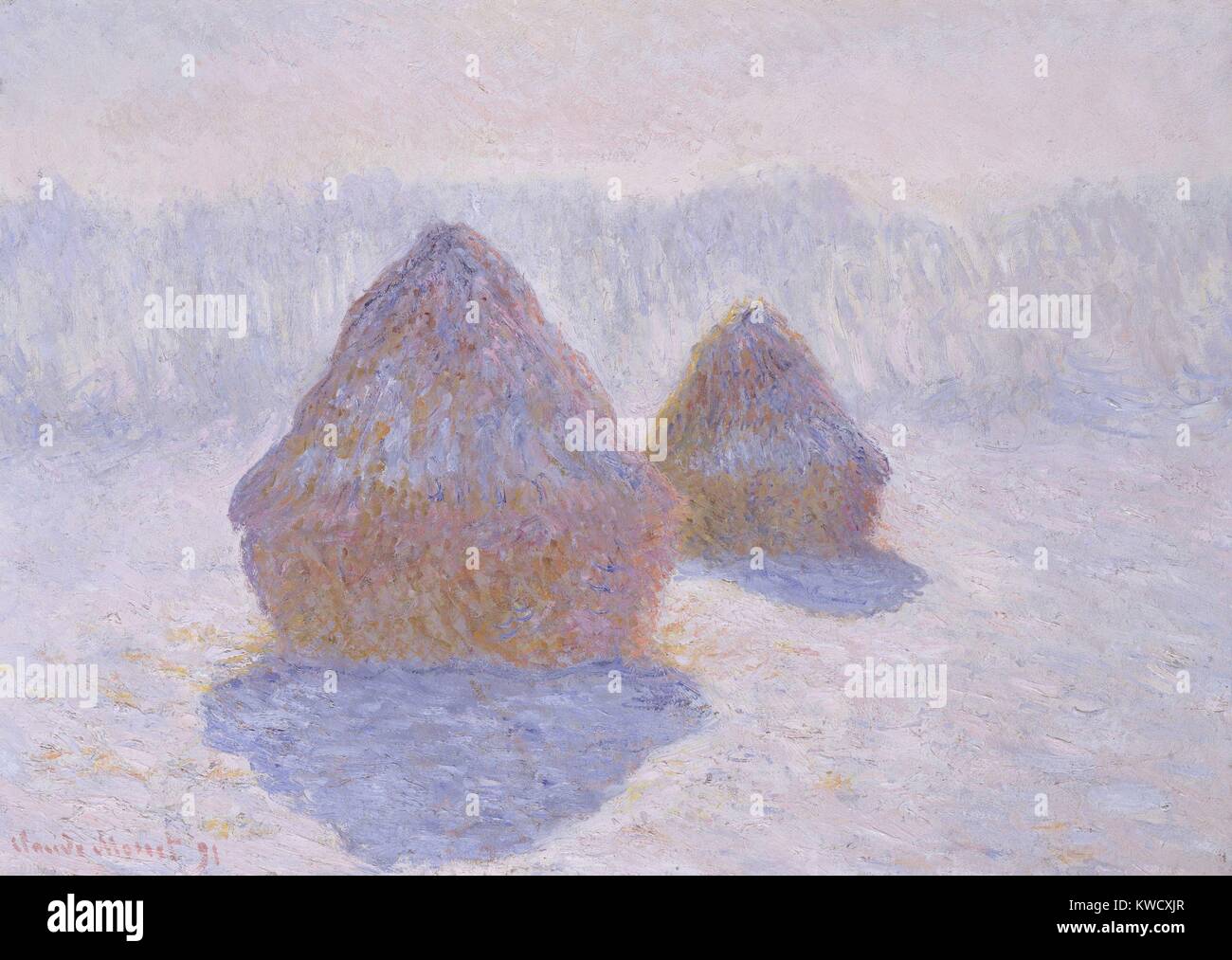 Heuballen (Wirkung von Schnee und Sonne), von Claude Monet, 1891, französischer Impressionisten Öl Malerei. Zwischen 1890 und 1891 Erstellt von Monet über 2 dutzend Gemälde der Heuschober in der Nähe seines Hauses in Giverny (BSLOC 2017 3 42) Stockfoto