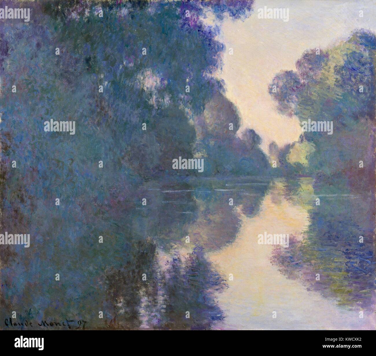 Morgen auf der Seine in der Nähe von Giverny, von Claude Monet, 1897, französischer Impressionisten Öl Malerei. Monet malte die Bilder dieser Serie von seinem schwimmenden Studio Boot, als er das wechselnde Licht des Sonnenaufgangs (BSLOC 2017 3 45) erfasst Stockfoto