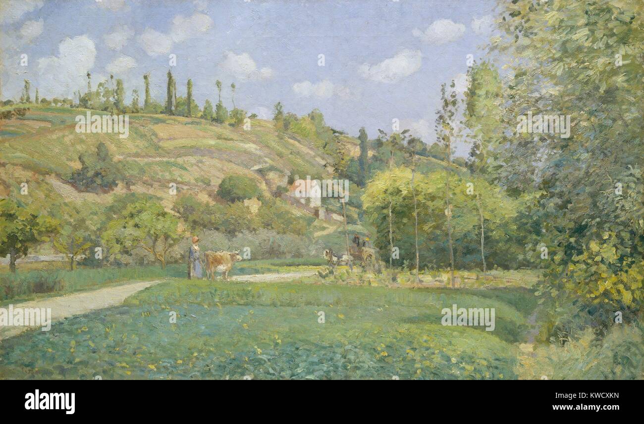 Bei Valhermeil, Auvers-sur-Oise, von Camille Pissarro, 1874 Hirtenjunge, französischer Impressionisten Öl Malerei. Der Verlierer, kleinere Pinselstrichen und leichter Palette sind typische der impressionistischen Stil (BSLOC 2017 3 54) Stockfoto