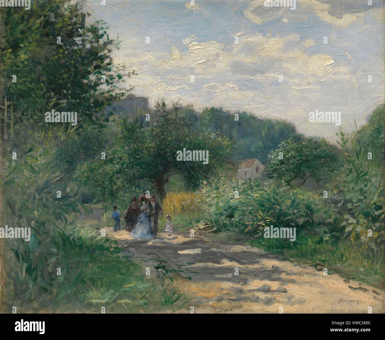 Eine Straße in Louveciennes, von Auguste Renoir, 1870, französischer impressionistischer Malerei, Öl auf Leinwand. Dieser frühen impressionistischen Landschaft ist reich an frischen Grüns mit rhythmisch aktiven Pinselführung gemalt (BSLOC 2017 3 68) Stockfoto