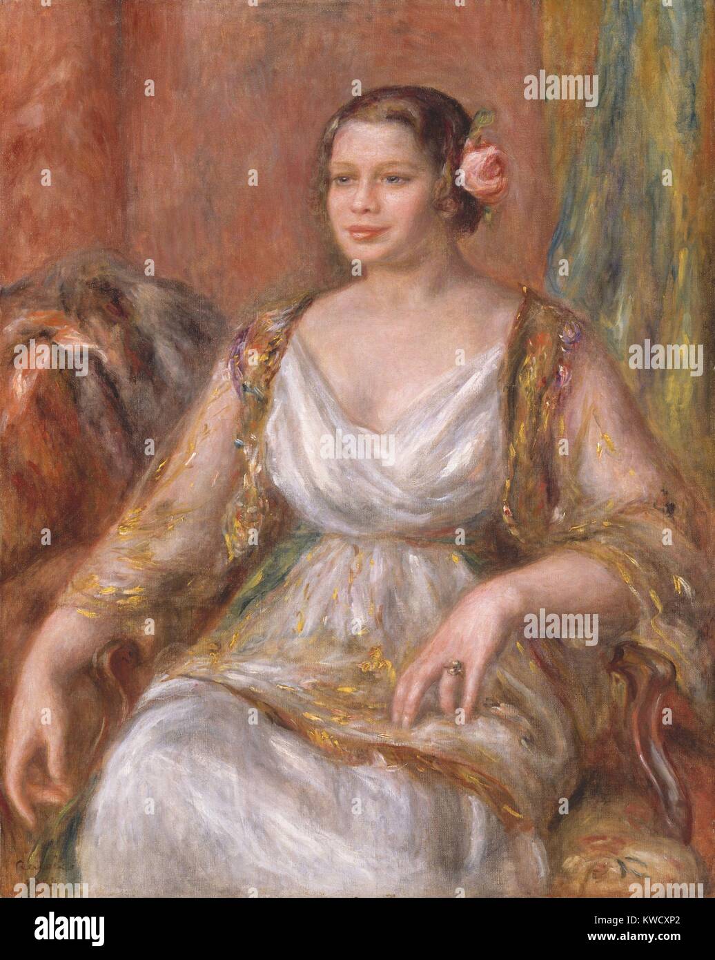Tilla Durieux, von Auguste Renoir, 1914, französischer impressionistischer Malerei, Öl auf Leinwand. Tilla Durieux, einer berühmten deutschen Schauspielerin nach Paris haben ihr Portrait gemalt von Renoir. Sie trägt die Kostüm entworfen von Paul Poiret für ihre Rolle als Eliza Doolittle in George Bernard Shaw's Pygmalion (BSLOC 2017 3 82) Stockfoto