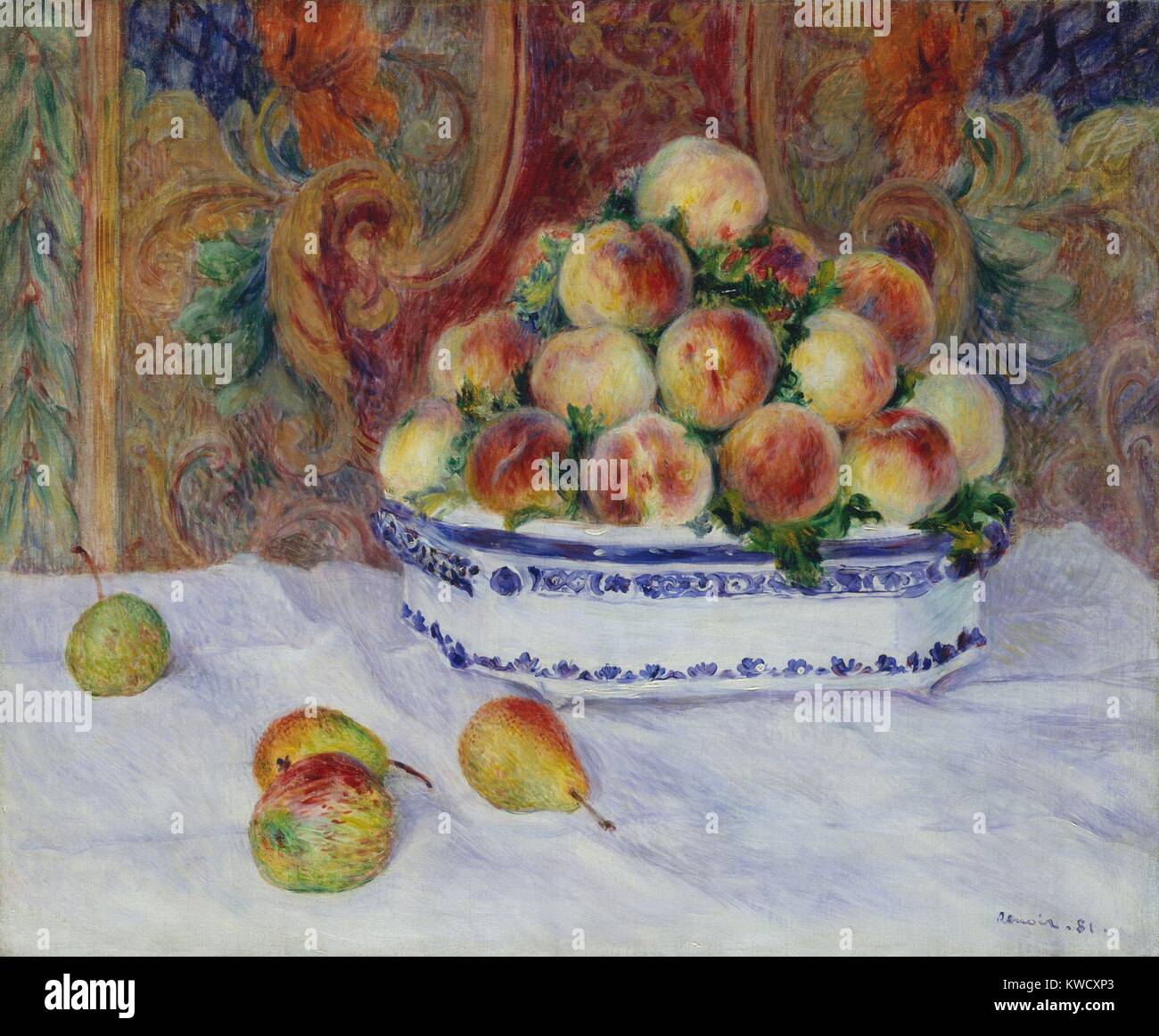 Stillleben mit Pfirsichen, von Auguste Renoir, 1881, französischer impressionistischer Malerei, Öl auf Leinwand. Dies ist einer von zwei Stillleben von pfirsichen Renoir am Haus des Mäzen Paul Berard (BSLOC 2017 3 83 lackiert) Stockfoto