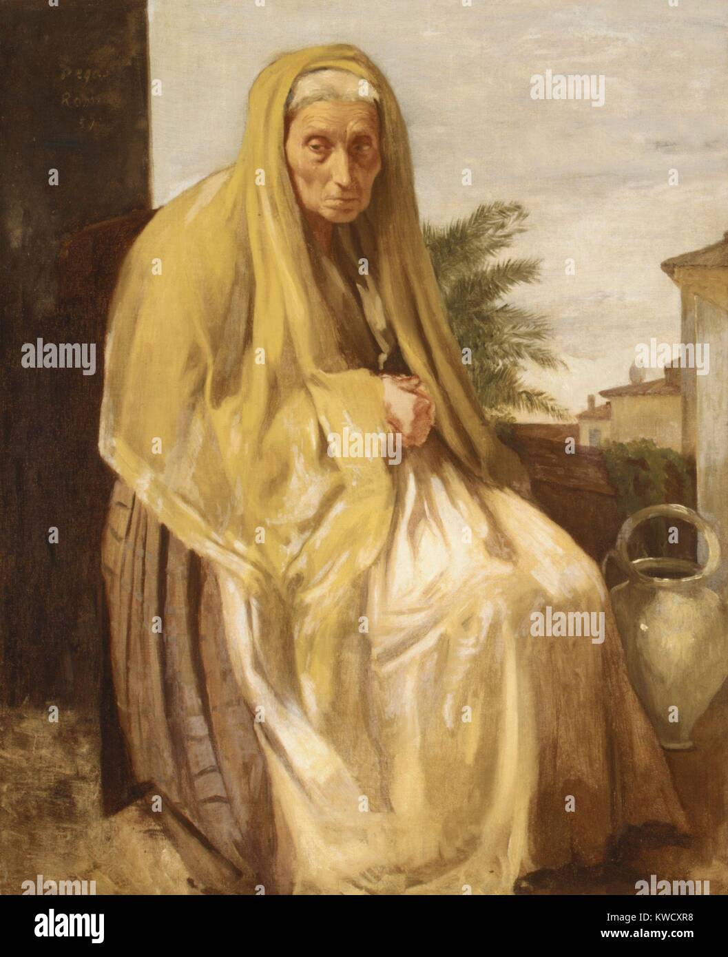 Die alten italienischen Frau, von Edgar Degas, 1857, französischer impressionistischer Malerei, Öl auf Leinwand. Degas verbrachte 1856-59 in Italien, wo er dieses realistisches Porträt eines älteren Frauen (BSLOC 2017 3 95) Stockfoto