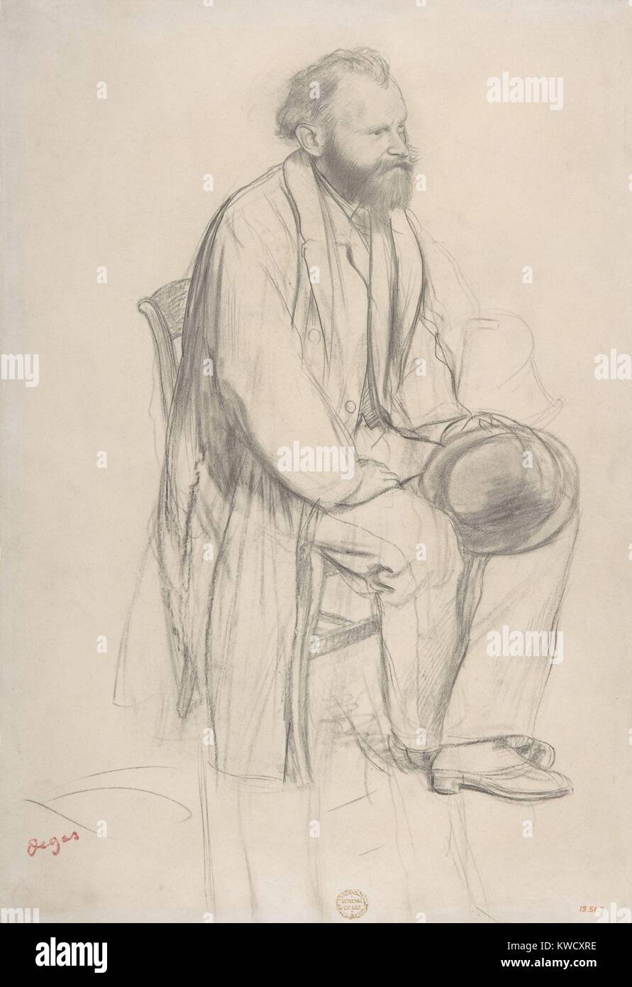 Edouard Manet, sitzt, hält seinen Hut, von Edgar Degas, 1865, französischer Impressionisten Zeichnung auf Papier. Diese Zeichnung wurde eine Studie für eine Radierung von Manet, Degas, ihre Vertrautheit mit der impressionistischen Stil (BSLOC 2017 3 98) angenommen Stockfoto