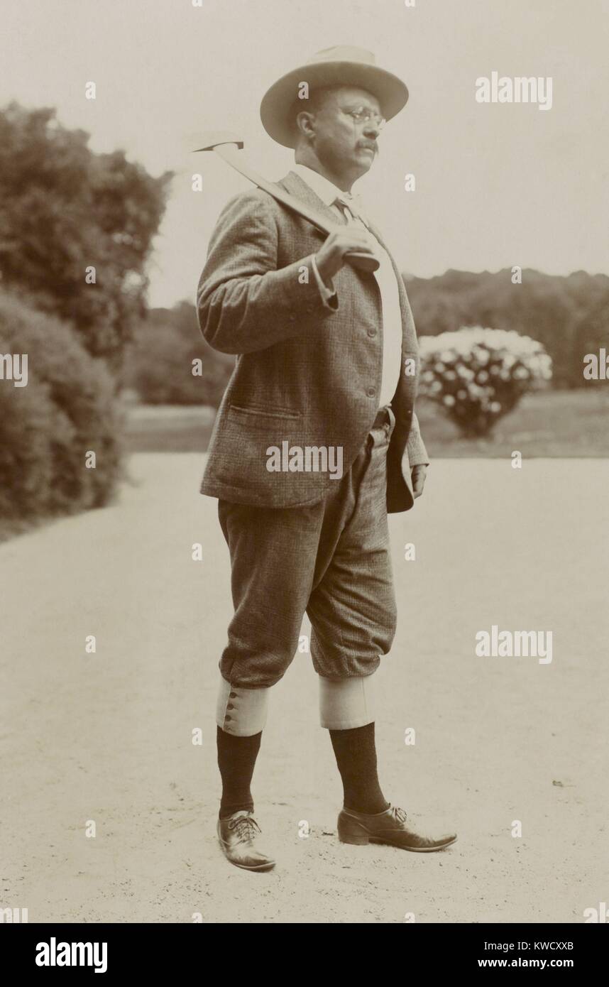 Theodore Roosevelt als ein Holzhacker, tragen Knickerbocker und Durchführung einer Axt. 1901 Foto von James Burton, an seinem Long Island Home, Sagamore Hill (BSLOC 2017 4 47) Stockfoto