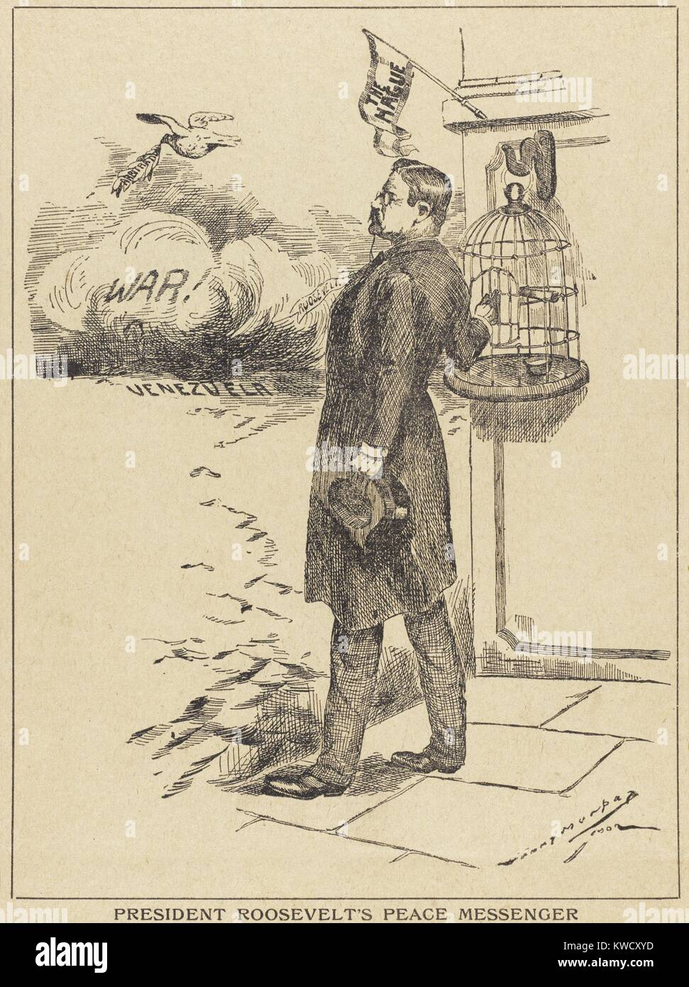 Cartoon über die Anglo-German naval Blockade von Venezuela, in einem Inkasso Aktion 1902. Roosevelt leise bereitgestellt 53 US-Kriegsschiffe während vorschlagen, internationale Schiedsgerichtsbarkeit, die schließlich das Ende der Krise (BSLOC 2017 4 61) Stockfoto