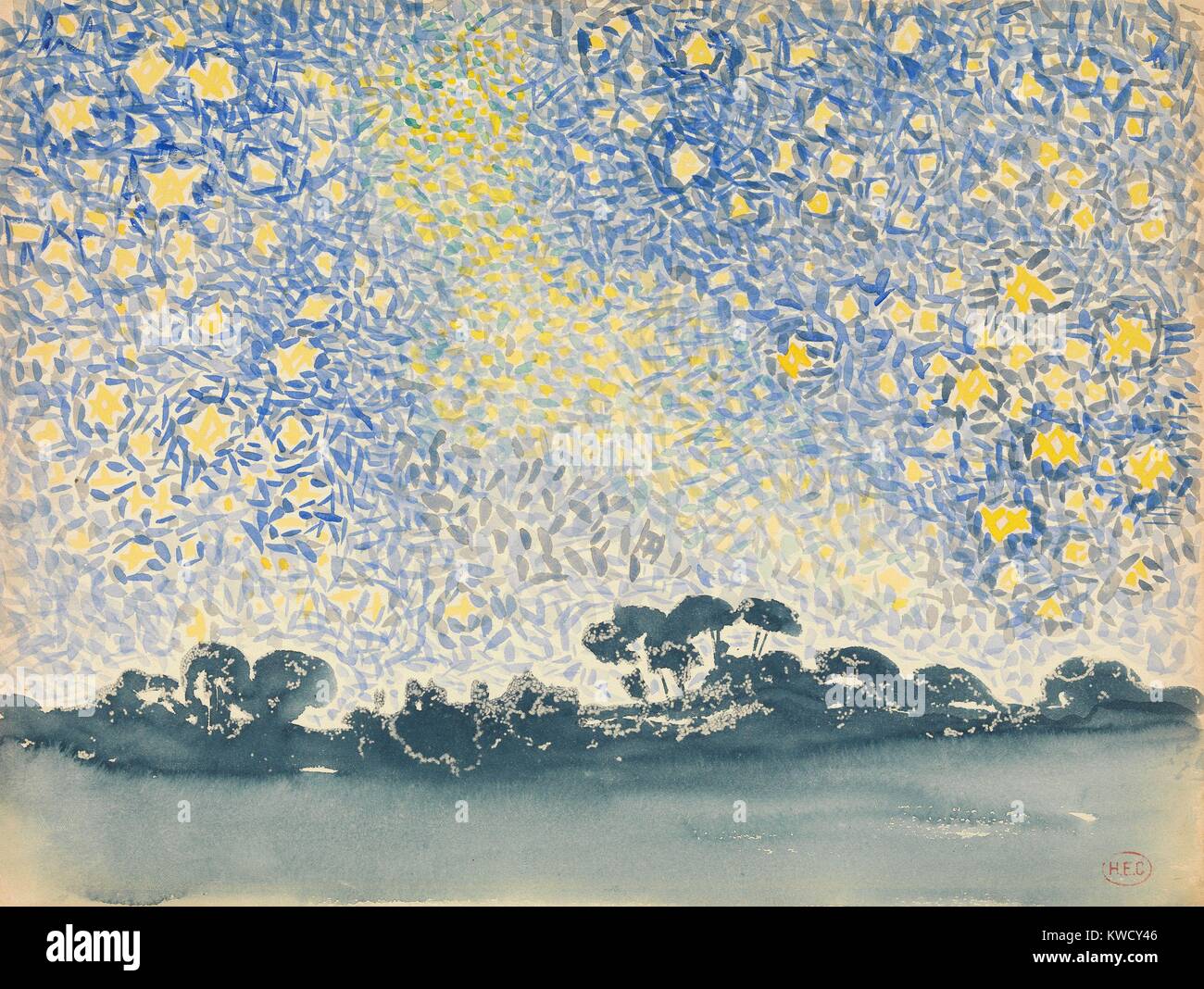 Landschaft mit Sternen, von Henri-Edmond Cross, 1905-08, französische Neo-Impressionist Aquarell Malerei. Der Stern - durchwachsene Himmel verbindet die Pinselstriche von klaren Blau und Gelb über eine einfach Malen langweilige Landschaft (BSLOC 2017 5 107) Stockfoto