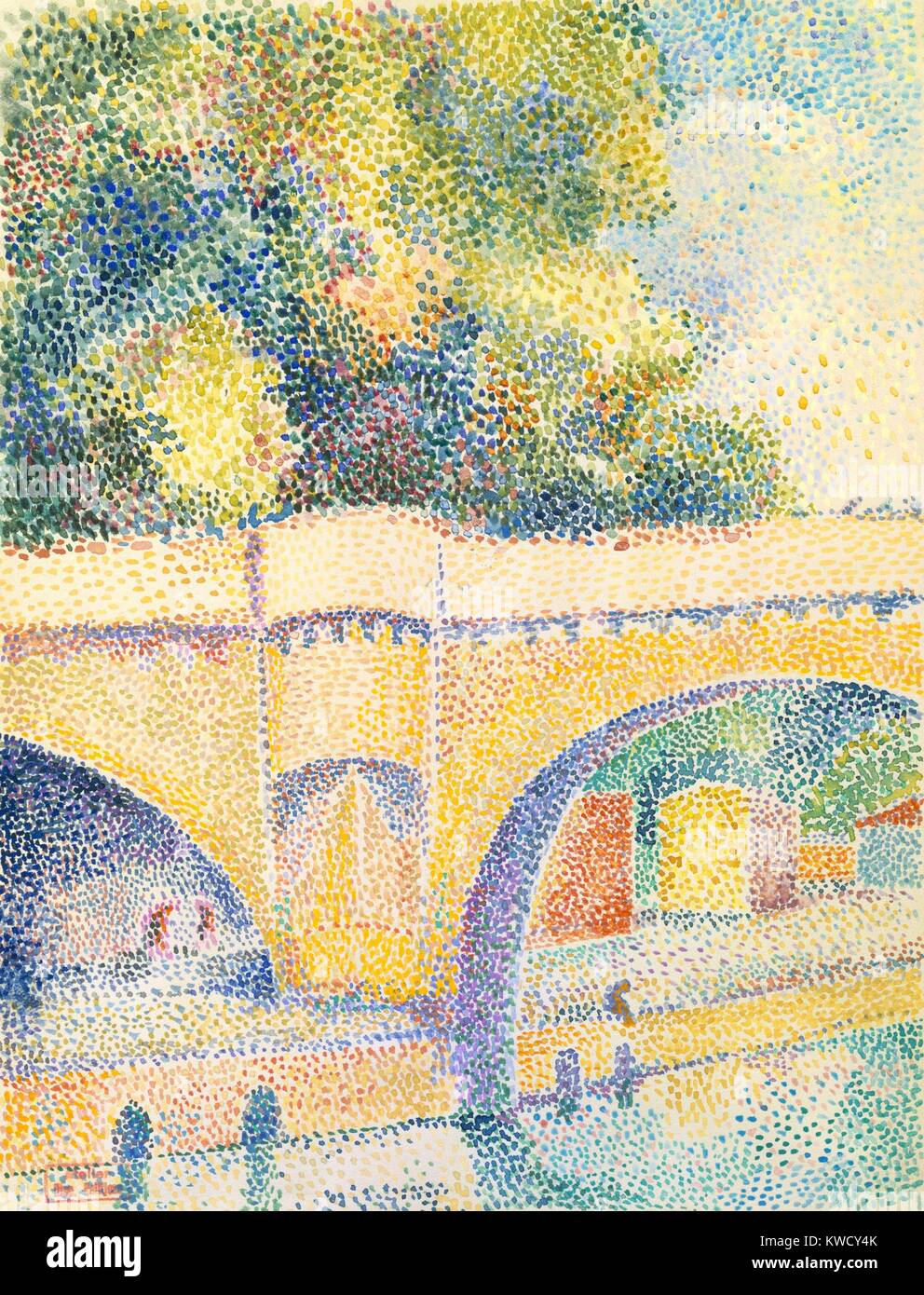 Le Pont Neuf, von Hippolyte Petitjean, 1912-14, französische Neo-Impressionist, Aquarell Malerei. Petitjean war ein enger Freund und Nachfolger von Georges Seurats. Er schuf dieses pointillistischen Arbeiten an der Seine entlang, auf der Suche flussabwärts durch die Bögen der Pont (BSLOC 2017 5 110) Stockfoto