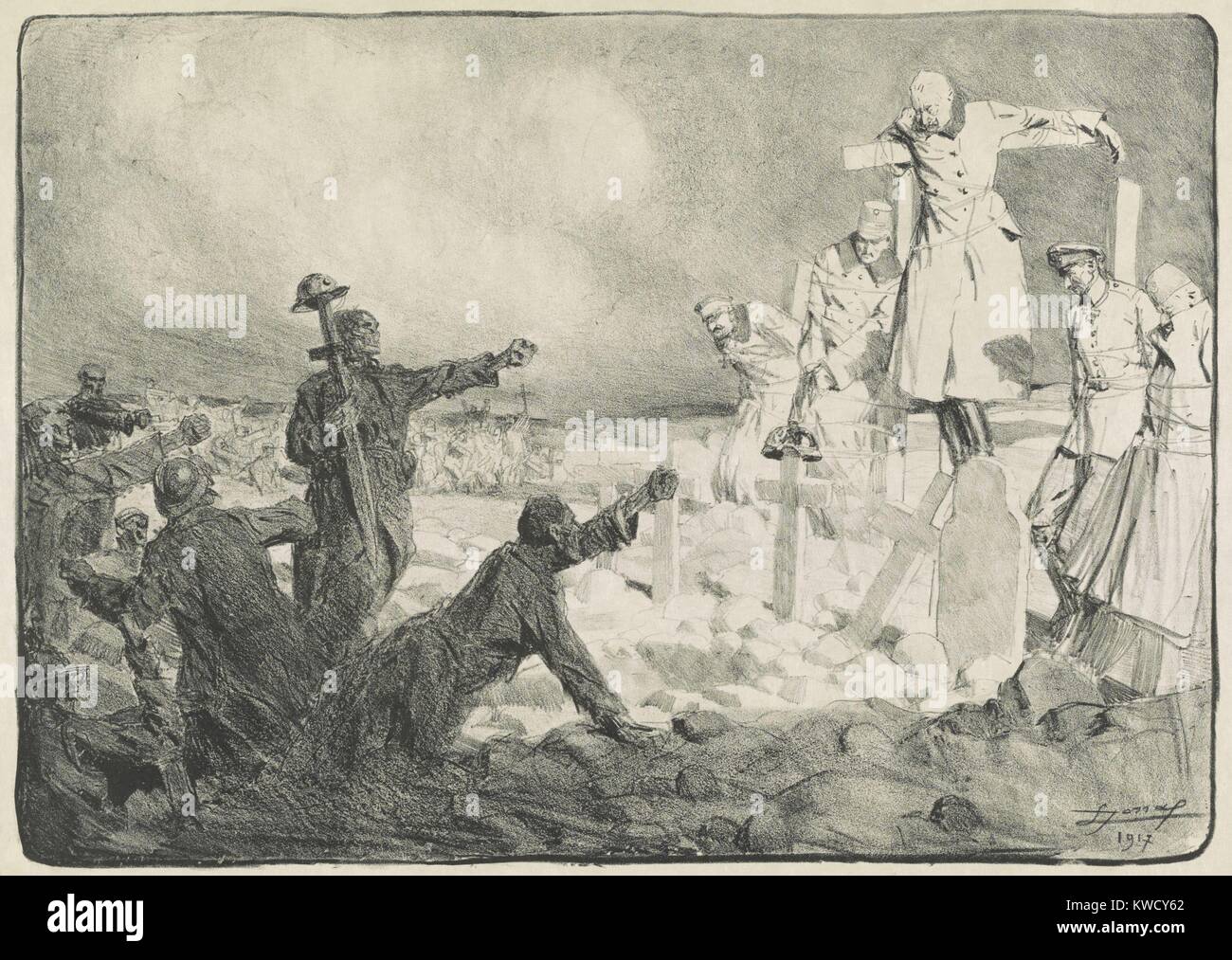 Der CHOR DER TOTEN. Wir haben Ihren Frieden nicht wollen, weil wir sie zu sehen, unter Ihrer hölzernen Kreuzen wollen, wie wir. Geist der französischen, britischen und deutschen Soldaten sprechen von ihren Friedhof. Von Lucien Jonas im Portfolio Lithographie, warum wir nicht w (BSLOC 2017 1 35) Stockfoto