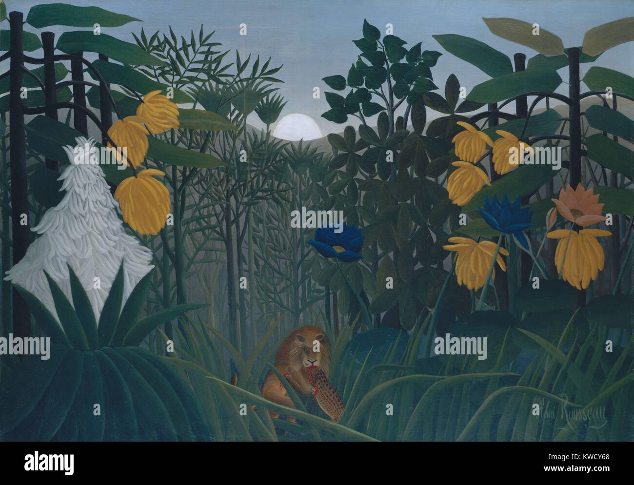 Das Mahl der Löwe, von Henri Rousseau, 1907, Französisch Primitivismus, Malerei, Öl auf Leinwand. Der Autodidakt naive Künstler auf der Grundlage der exotischen Vegetation auf Studien, die er in den Botanischen Garten gemacht, und die wilden Tiere von beliebten Lllustrat (BSLOC 2017 5 126) Stockfoto