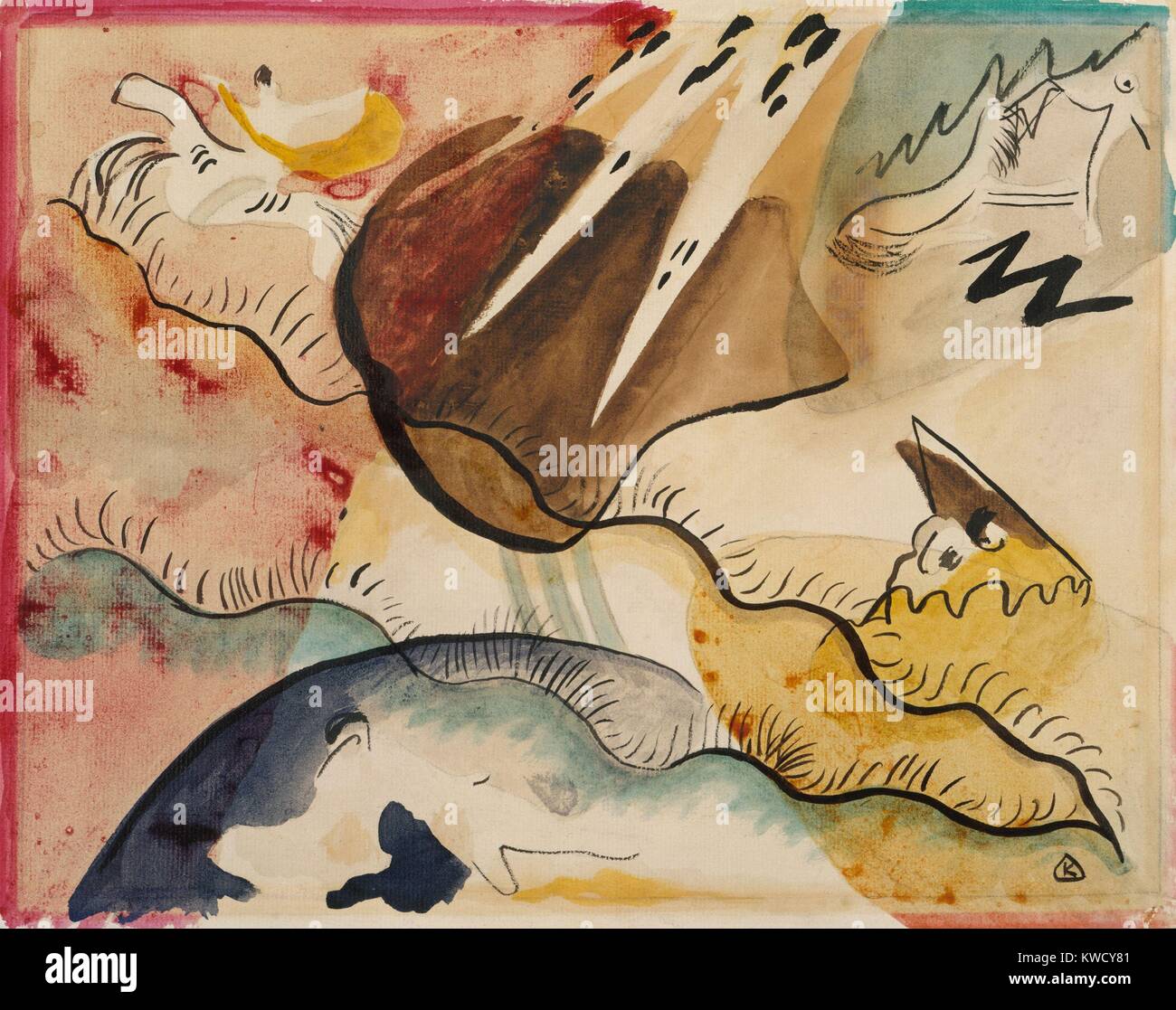 Regen Landschaft, die von Wassily Kandinsky, 1911, Russisch deutschen expressionistischen Zeichnung, Aquarell auf Papier. In dieser abstrakten Landschaft Malerei, der Künstler mit Form und Farbe Symbolik eine innere, emotionale und geistige Welt zu evozieren (BSLOC 2017 5 144) Stockfoto