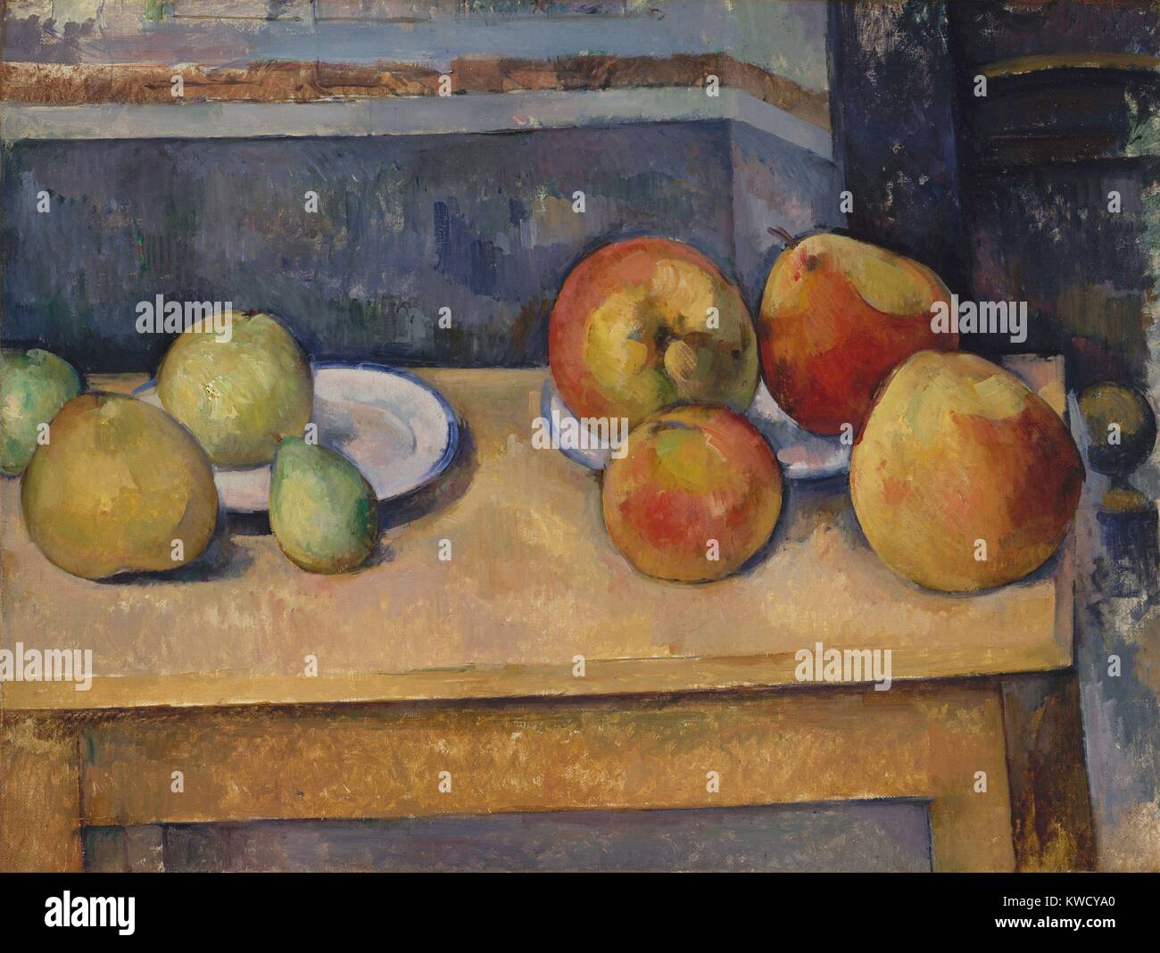 Stillleben mit Äpfeln und Birnen, von Paul Cezanne, 1891-92, French Post-Impressionist Öl Malerei. Die physikalische Stabilität der Früchte kontrastiert mit den mehrdeutigen Raum um Sie herum (BSLOC 2017 5 24) Stockfoto