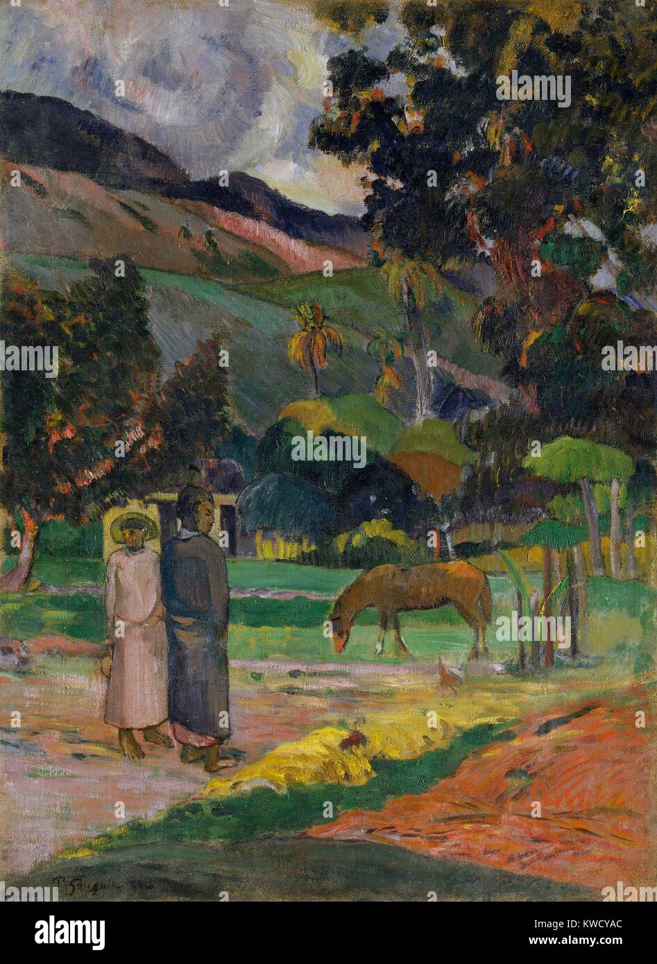 Tahitische Landschaft, von Paul Gauguin, 1892, French Post-Impressionist Malerei, Öl auf Leinwand. Gauguin dies während seiner ersten Reise nach Tahiti, das kleine Figuren, ein Pferd, und Hütte in einem tropischen Szene (BSLOC 2017 5 30) Stockfoto