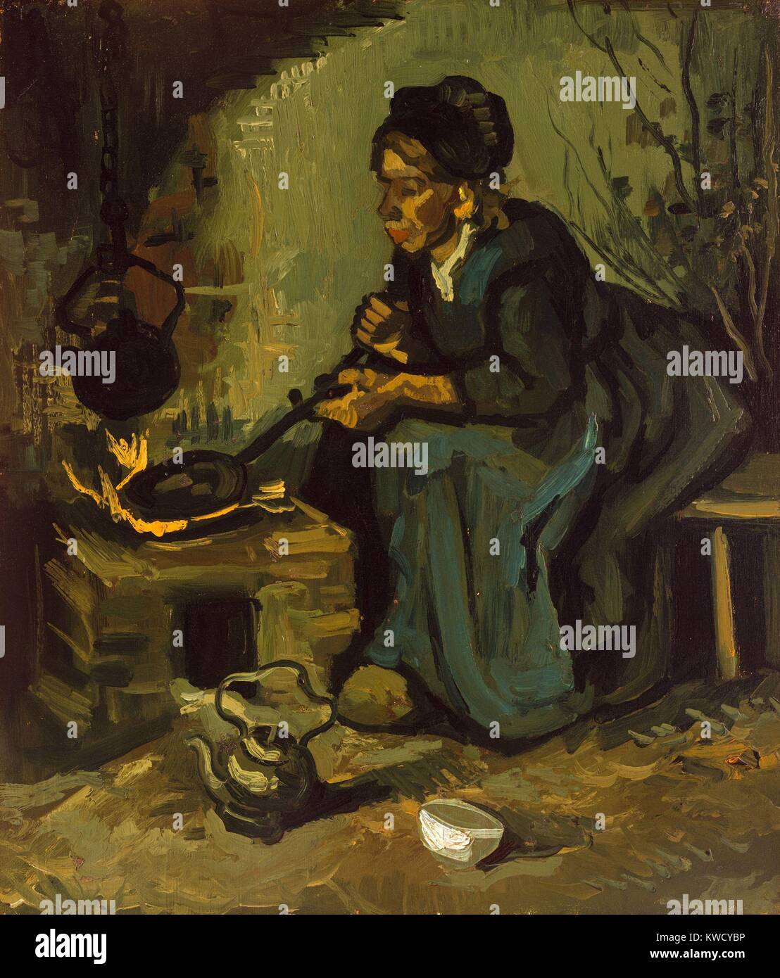 Bäuerin Kochen durch einen Kamin, von Vincent Van Gogh, 1885, Dutch Post-Impressionist Malerei. Diese frühe Öl auf Leinwand gemalt wurde 4 Jahre nach begann er Malerei in 1881 (BSLOC 2017 5 45) Stockfoto