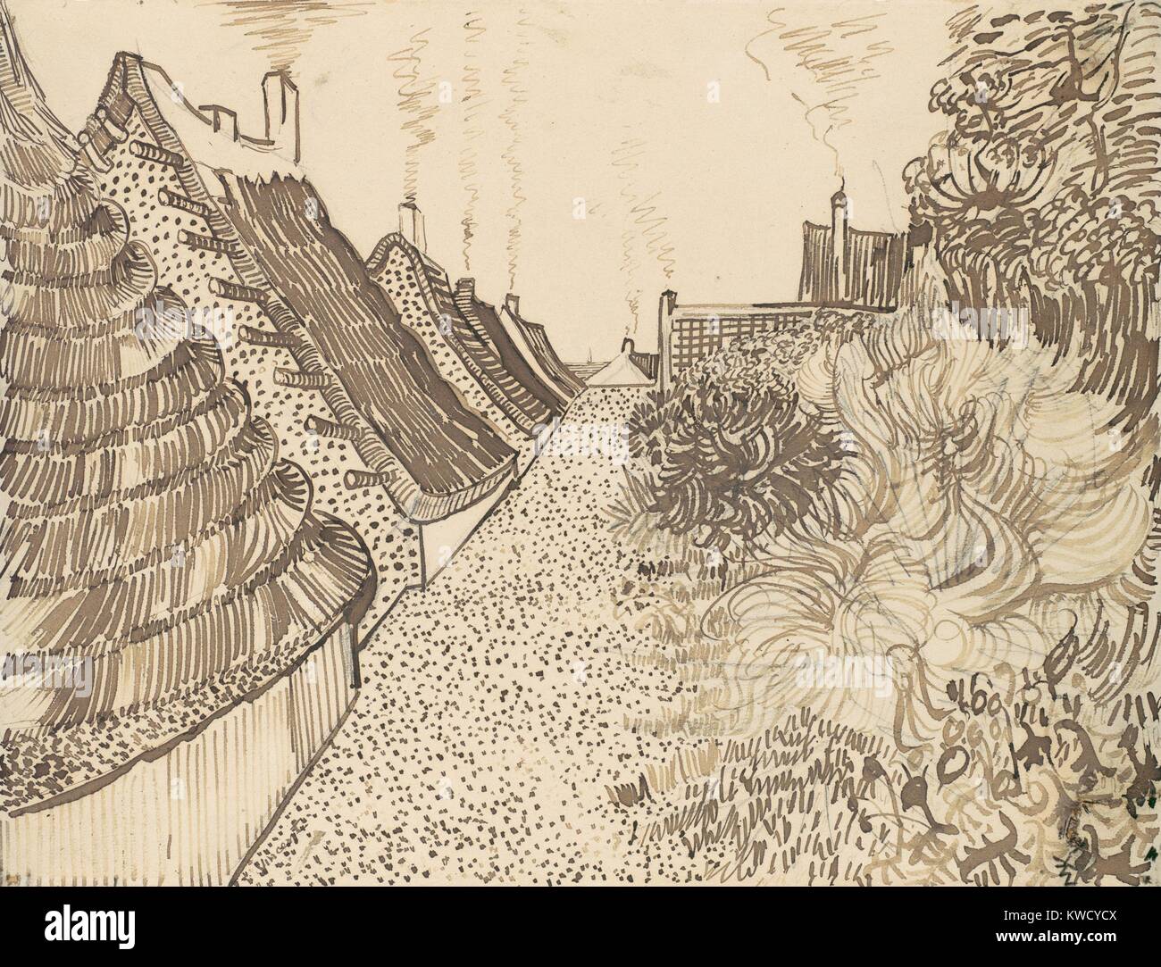 Straße in Saintes-Maries-de-la-Mer, von Vincent Van Gogh, 1888, Dutch Post-Impressionist Zeichnung. Die rohrfeder und Tusche über Graphit auf Papier war in einem mediterranen Fischerdorf Szene mit Strohdächern und Rauchende Schlote (BSLOC 2017 5 59) Stockfoto