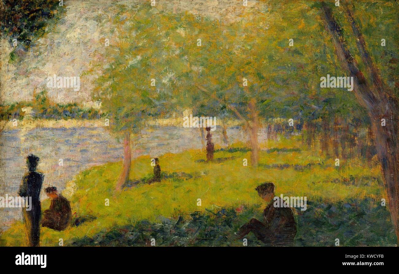 Studie für ein Sonntag auf der Insel La Grande Jatte, von Georges Seurat, 1884, French Post-Impressionist Malerei. Dieses Öl auf Holz Panel ist eine von etwa fünfzig vorbereitende Studien für Seurat für seine berühmten Pointillistischen Malerei (BSLOC 2017 5 80) Stockfoto