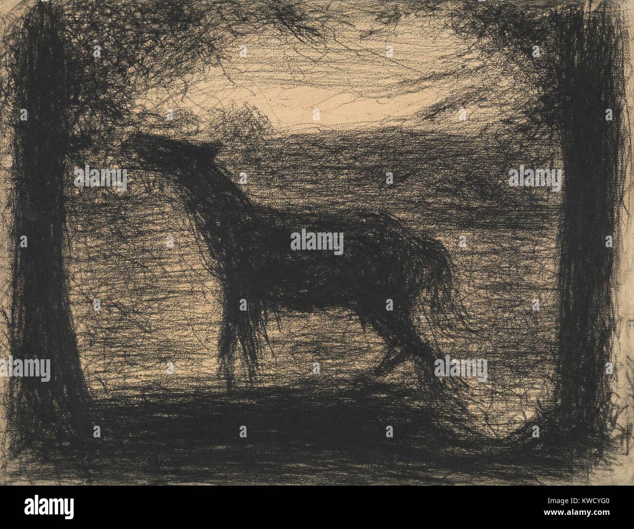 Fohlen (Colt) , von Georges Seurat, 1882-83, French Post-Impressionist Zeichnung, Conte crayon. Linien erstellen und aktive Fläche mit einem Tiere und Bäume Silhouette gegen ein allgemeines Landschaft (BSLOC 2017 5 86) Stockfoto