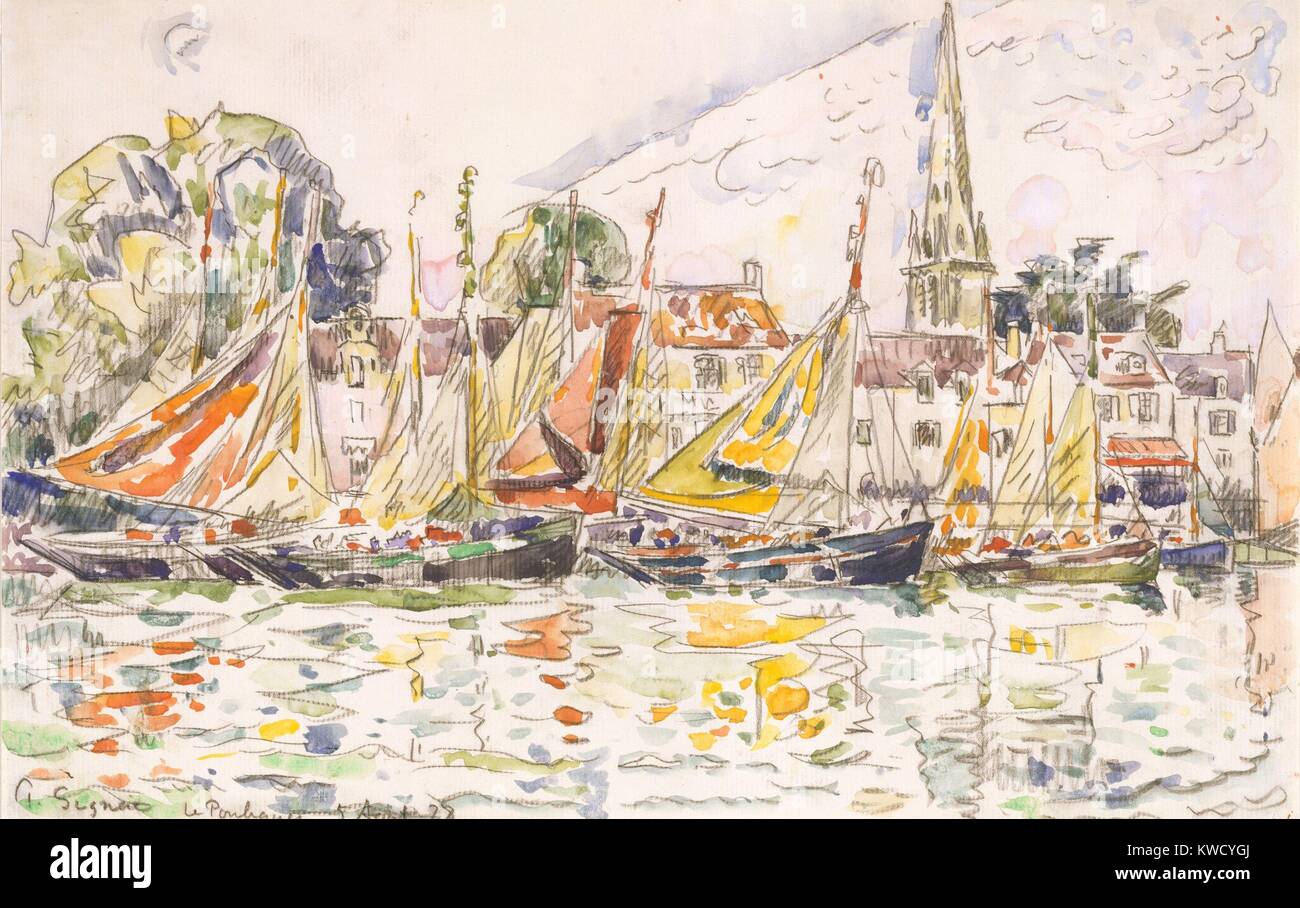 Le Pouliguen: Fischerboote, von Paul Signac, 1928, French Post-Impressionist Aquarell Malerei. Signac hinzugefügt Aquarell über eine schwarze Kreide Zeichnung zum Fischereihafen Le Pouliguen, an der Südküste der Bretagne (BSLOC 2017 5 95) Farbe Stockfoto