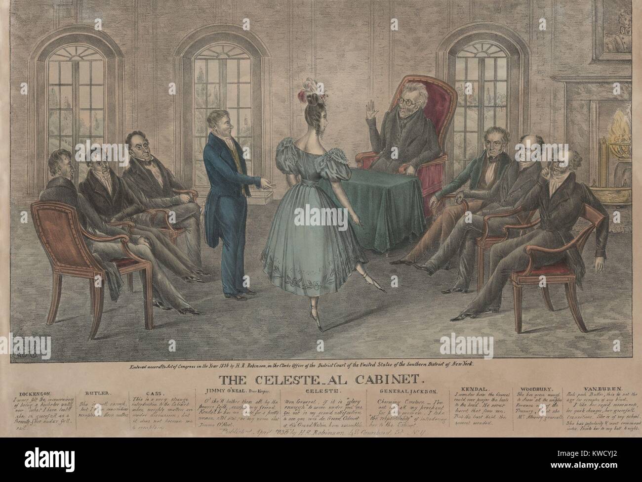 CELESTE-AL-GEHÄUSE, über die Eaton-Affäre, während Andrew Jacksons 1 Verwaltung. Floride Calhoun, Ehefrau des Vizepräsidenten führte die soziale Ächtung von Sec. Der Krieg John Eaton, und seine Frau Peggy, von moralisch wertenden Kabinett Ehefrauen. Es getankt vorhandene Reibung zwischen Jackson und seine VP John Calhoun, und führte den Rücktritt aller aber ein kabinettsmitglied (BSLOC 2017 6 22) Stockfoto
