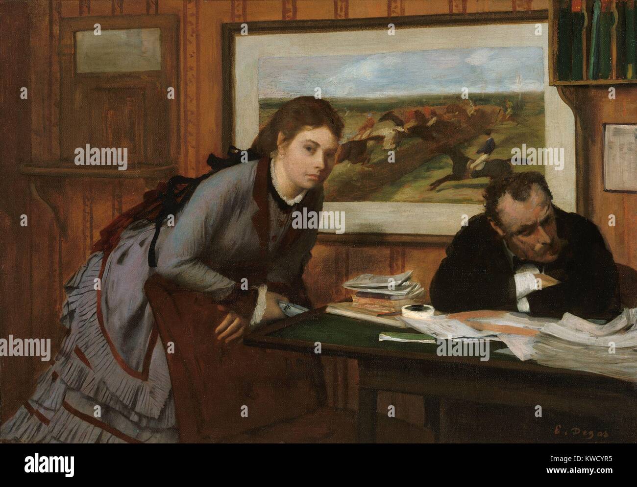 Schmollen, von Edgar Degas, 1870, französischer impressionistischer Malerei, Öl auf Leinwand. Der Schriftsteller Edmond Duranty und Modell Emma Dobigny, für diese frühe genre Szene gestellt, in einem Büro (BSLOC 2017 3 100) Stockfoto