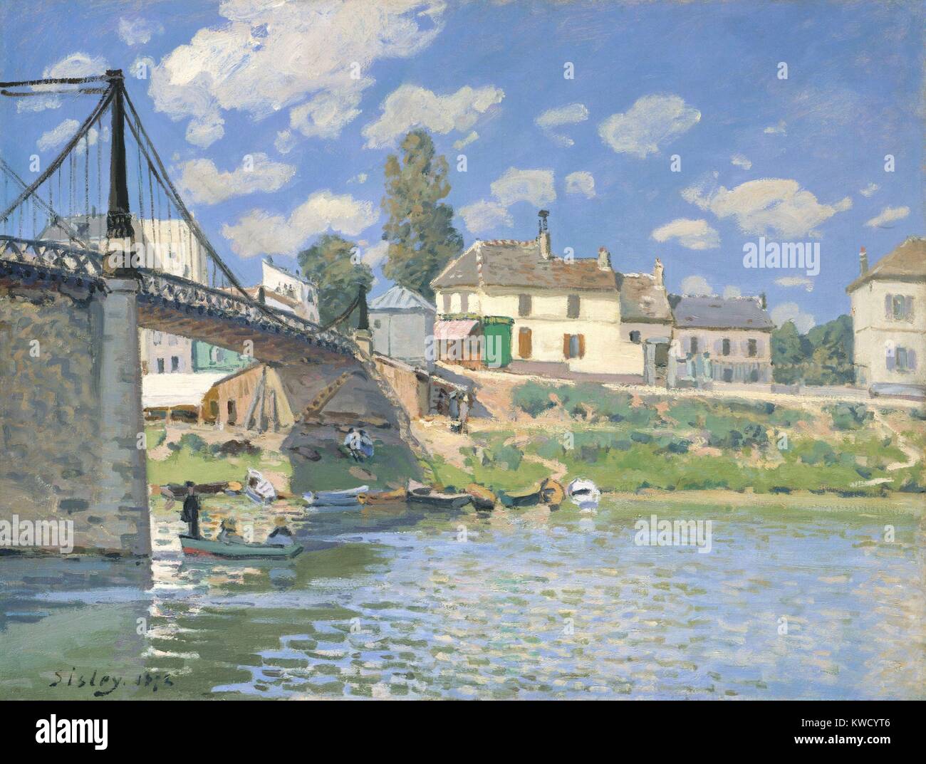 Die Brücke von Villeneuve-la-Garenne, von Alfred Sisley, 1872, französischer Impressionisten Öl Malerei. Sisley malte diese moderne Brücke mit dem Pariser Vorort St. Denis in einem hellen Palette mit Flachbild Pinselstriche, die Reflexionen auf dem Wasser (BSLOC 2017 3 126) Stockfoto