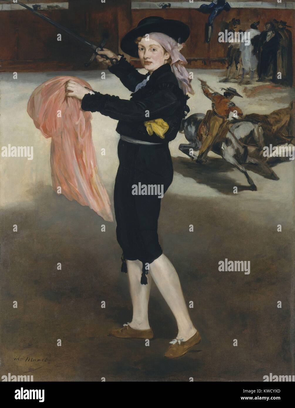 Mademoiselle V im Kostüm eines Espada, von Edouard Manet, 1862, französischer Impressionisten Öl Malerei. Manets Lieblingsmodell, Victorine Meurent, wird gemalt, als Matador vor dem Hintergrund der Stierkampf (BSLOC 2017 3 3) Stockfoto