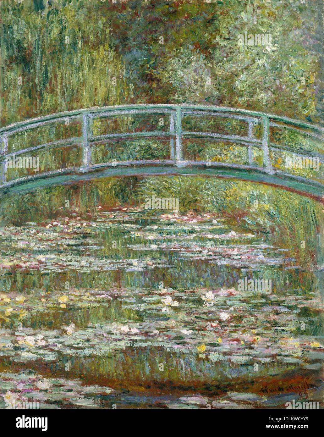 Brücke über einen Teich mit Seerosen, von Claude Monet, 1899, französischer Impressionisten Öl Malerei. Im Sommer 1899 Monet abgeschlossen 12 Leinwände der Holzsteg über den Seerosenteich in Giverny (BSLOC 2017 3 46) Stockfoto