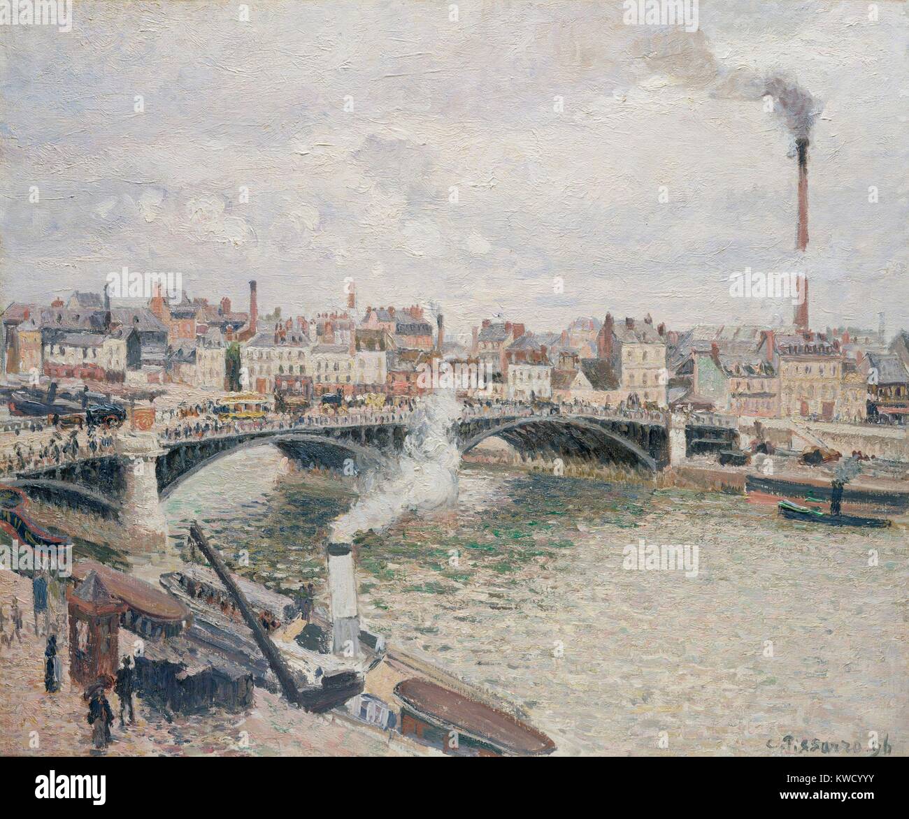 Morgen, ein bewölkter Tag, Rouen, von Camille Pissarro, 1896, französischer Impressionisten Öl Malerei. Pissarro beschrieb die Szene als die Eiserne Brücke an einem regnerischen Tag, mit viel Verkehr, Kutschen, Fußgänger, die Arbeitnehmer auf den Kais, Boote, Rauch, Nebel in der Ferne, die ganze Szene voll mit Animation und Leben (BSLOC 2017 3 62) Stockfoto