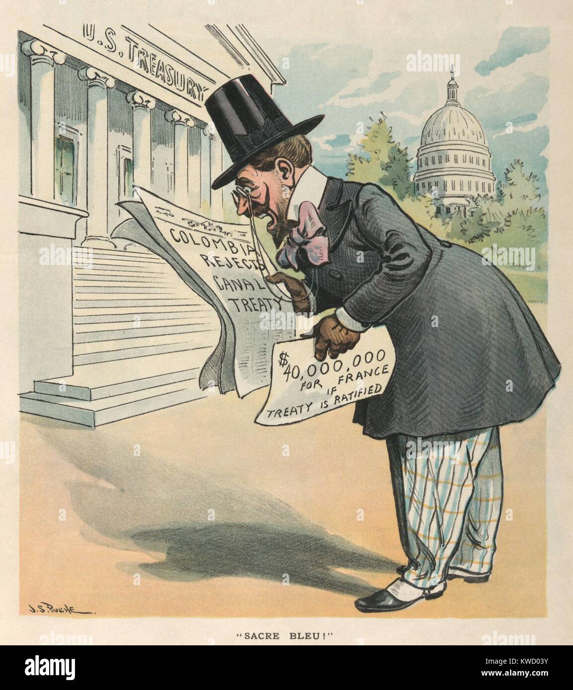 Philippe Bunau-Varilla lesen, dass Kolumbien lehnt Canal-Vertrag. Die politische Karikatur erschien in PUCK Magazin an Sept. 9, 1903. Innerhalb von 2 Monaten, Philippe Bunau-Varilla unterstützten die USA in Panama Revolution ausgelöst, die von der Hay-Bunau-Varilla Vertrag, begleitet wurde für den Bau des Kanals (BSLOC 2017 4 65) Stockfoto