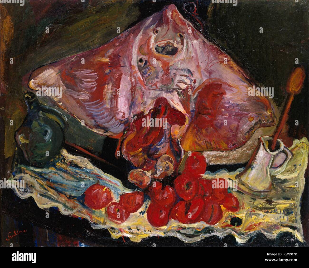 Stillleben mit Rayfish, Chaim Soutine, 1924, Russisch Französisch expressionistischen Ölgemälde. In diese Leinwand, Soutine referenziert die Chardins Rayfish des 18. Jahrhunderts. Er malte das tote Tier mit dicken Pinselstrichen, Flüssigkeit in ein Stillleben mit einem Dr (BSLOC 2017 5 151) Stockfoto