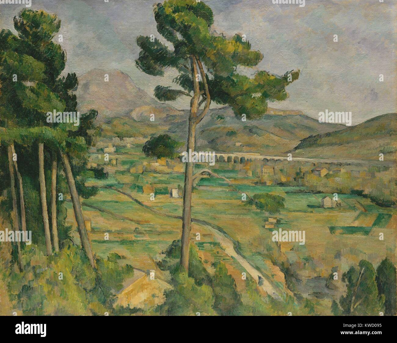 Mont Sainte-Victoire, Viadukt der Arc River Valley, von Paul Cezanne, 1882-85, Postimpressionismus. Cezannes Heimatstadt Aix-en-Provence ist in der Ferne, am Ufer der Arc River Valley (BSLOC 2017 5 5) Stockfoto