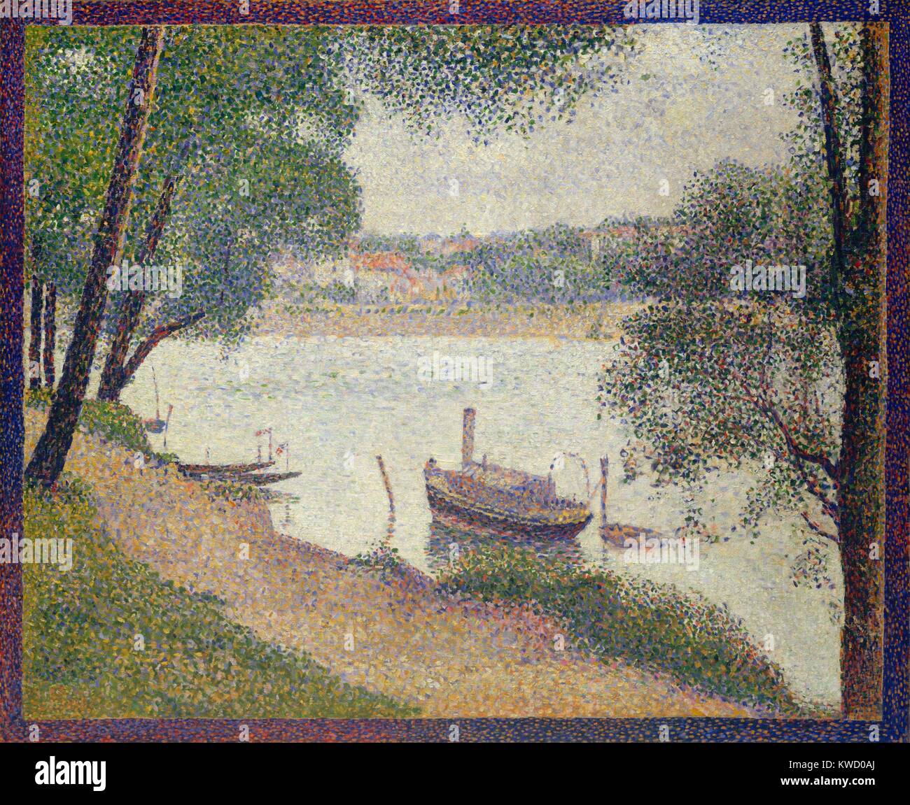 Graue Wetter, Grande Jatte, von Georges Seurat, 1886-88, French Post-Impressionist, Öl auf Leinwand. Blick auf den Fluss Seine gemalt in Seurats Pointillistisches (aka Divisionismus) Technik. Die lackierten Grenze war kurz vor dem Bild erste Ausstellung war (BSLOC 2017 5 82) hinzugefügt Stockfoto