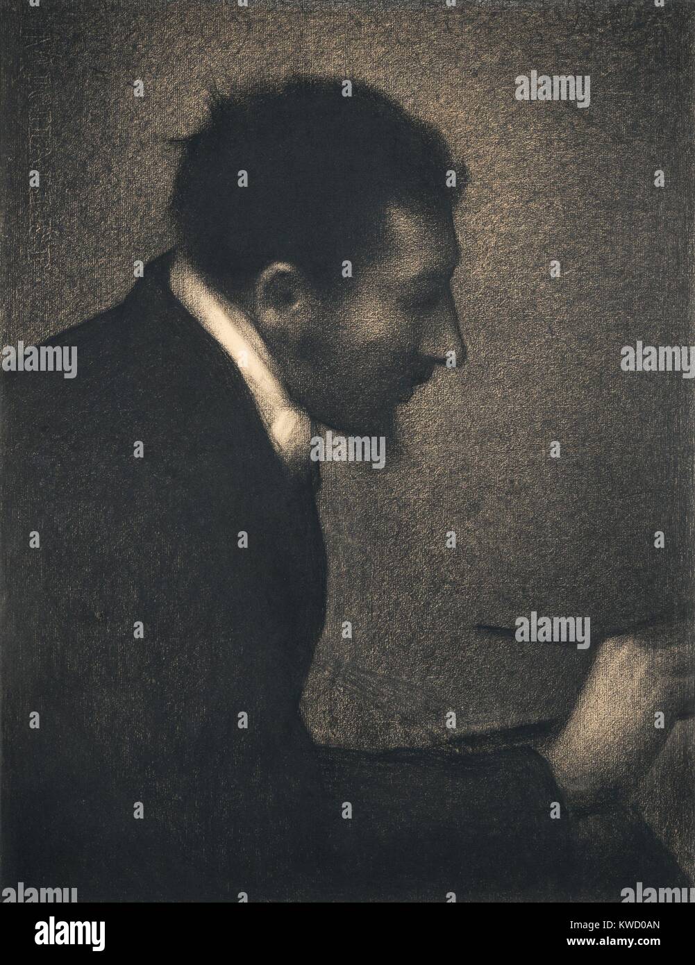 Aman-Jean , von Georges Seurat, 1882-83, French Post-Impressionist Zeichnung, Conte Kreide auf Papier. Seurats Portrait von seinem Freund, dem Künstler Aman-Jean, wurde im Pariser Salon von 1883 gezeigt, und war das erste Werk des Künstlers zu sehen sein, im Alter von 23 Jahren (BSLOC 2017 5 85) Stockfoto