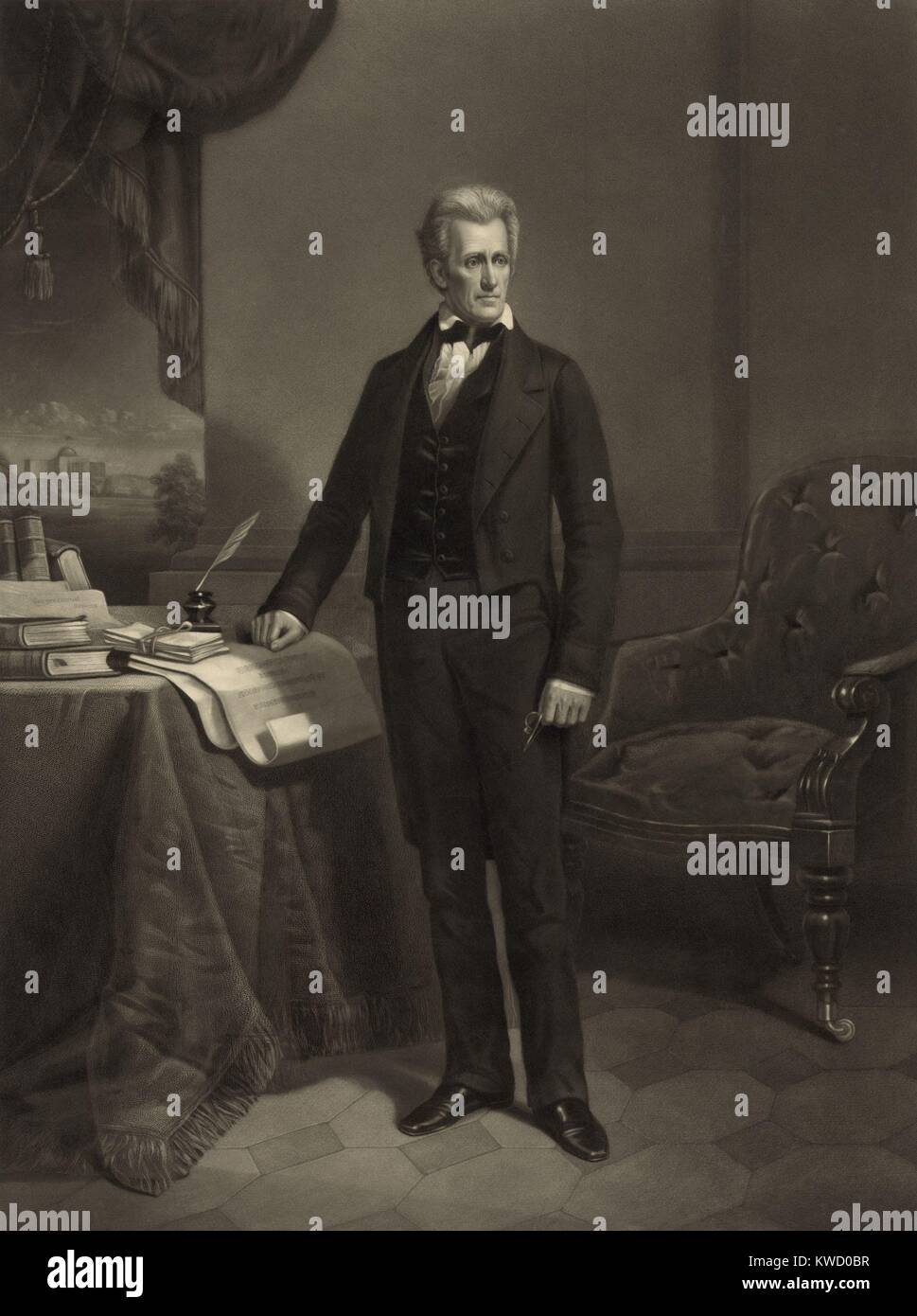 Präsident Andrew Jackson, im Weißen Haus mit Blick auf das Kapitol durch ein Fenster. 1860 Kupferstich von Alexander Heu Ritchie, nach einem Gemälde von Dennis Malone Carter (BSLOC 2017 6 20) Stockfoto