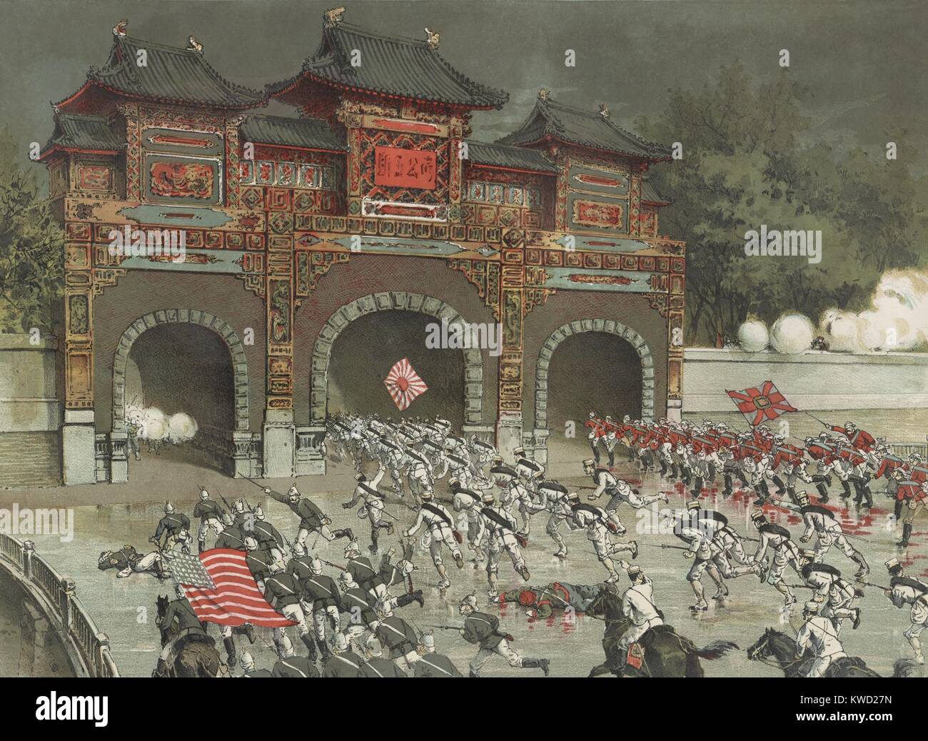 Amerikanische, Britische und japanische Truppen stürmen Peking während der Boxeraufstand. August 14, 1900. In Wirklichkeit, griffen die Alliierten die Stadtmauer getrennt, mit unterschiedlichen Ergebnissen. Die Briten kamen durch einen unbewachten Schleuse Tor. Die Japaner gesprengt, ihre Art und Weise. Amerikaner kletterte die Seite der Wand zu Pflanzen Die ersten alliierten Flag (BSLOC 2017 20 29) Stockfoto