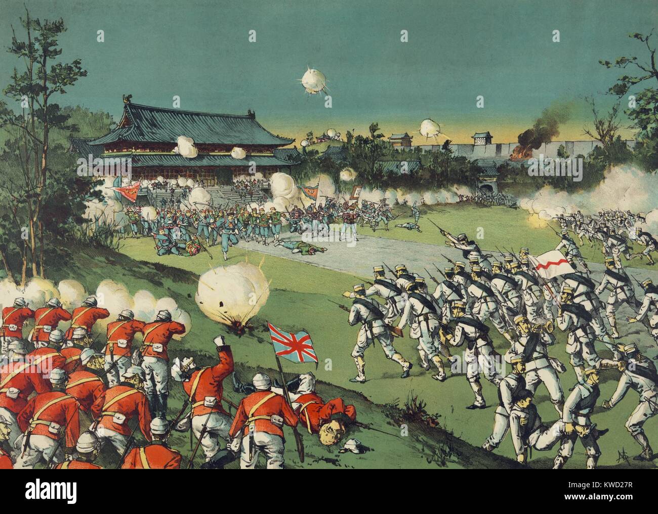 Britische und japanische Soldaten angreifen der Boxer Kräfte an der Kaiserburg, August 1900. Sie kämpften in der Verbotenen Stadt, die Schlossanlage im Zentrum von Peking, China, während der Boxeraufstand (BSLOC 2017 20 30) Stockfoto