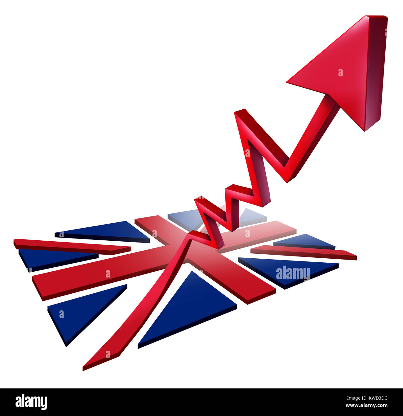Boomende britische Wirtschaft Wachstum und wirtschaftliche Großbritannien BIP-Anstieg als Flag Umwandlung in ein nach oben steigende Pfeil als 3D-Darstellung. Stockfoto