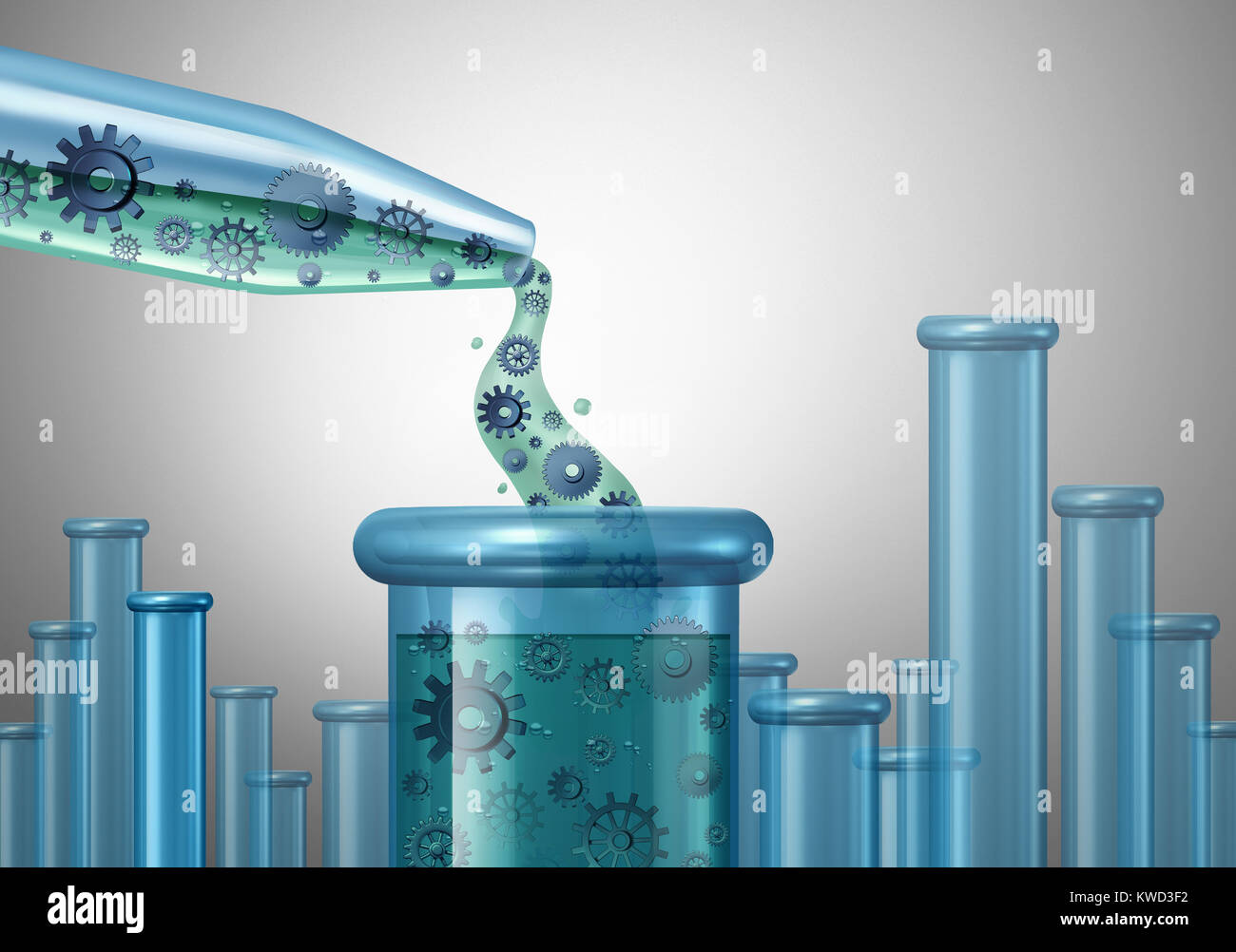 Strömungsmechanik als Physik Konzept einer Pipette mit Getrieben und Zahnrädern in einem Becher gießen als wissenschaftliches Konzept. Stockfoto