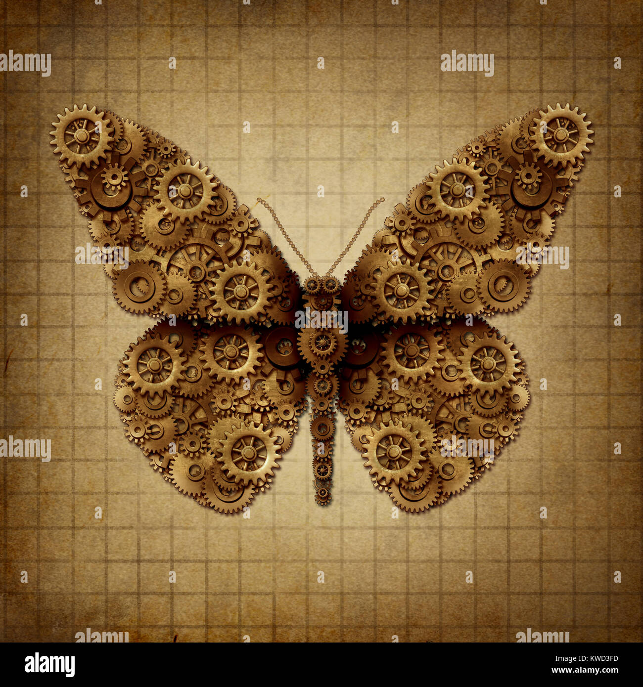 Steam Punk Schmetterling und Steampunk grunge geflügelte Insekten auf alten Vintage Pergamentpapier mit 3D-Illustration Elemente. Stockfoto