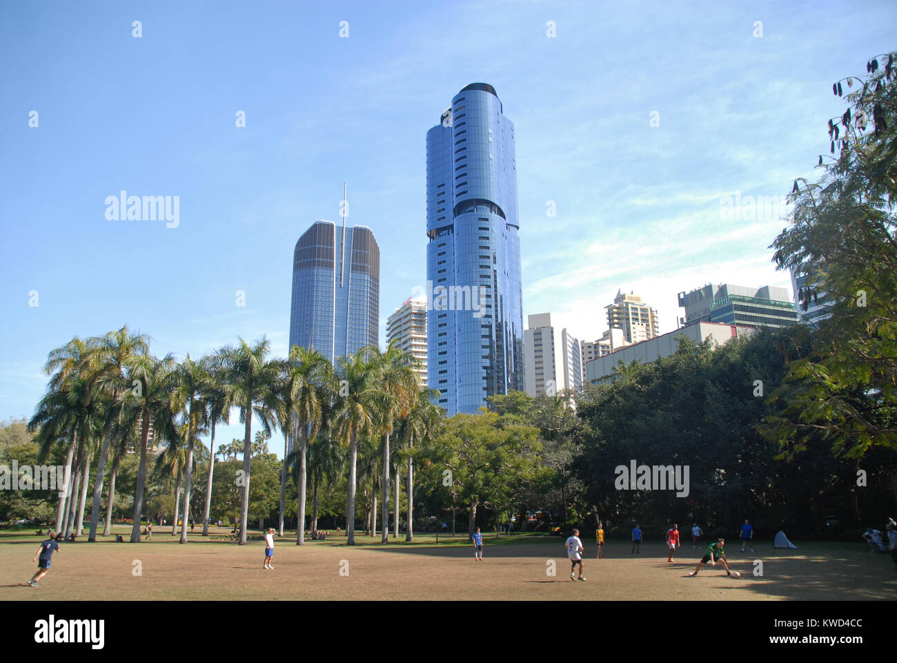 Brisbane, Australien - 28. Juli 2015: 1 William Street und Brisbane Skytower vom Botanischen Gärten gesehen Stockfoto