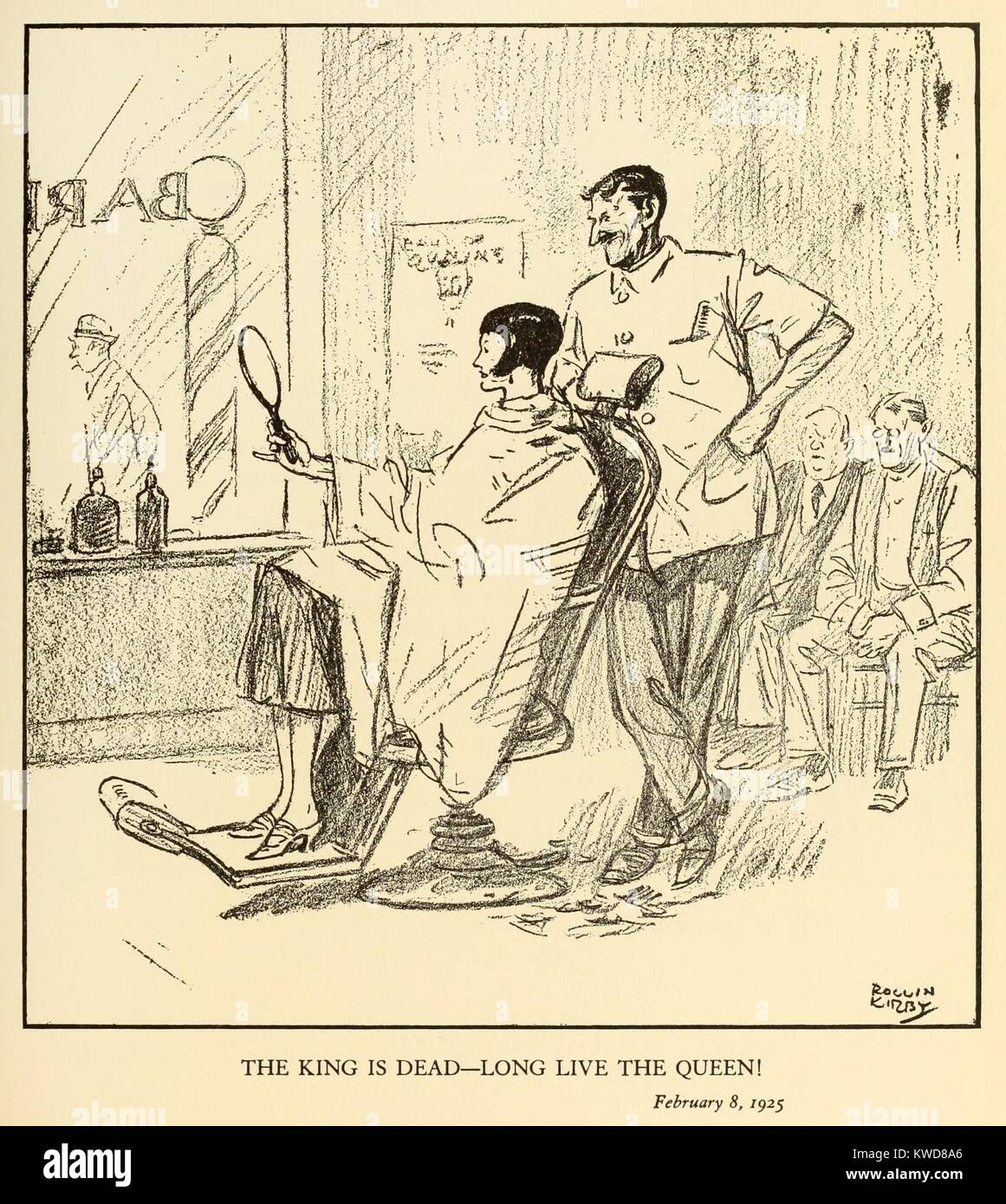 Der König ist tot - lang lebe die Königin. Junge Frau, die ihr Haar kurz geschnitten in einem Friseur. Februar 8, 1925. Karikatur von Rollin Kirby für die New York World Zeitung. (BSLOC 2015 17 198) Stockfoto